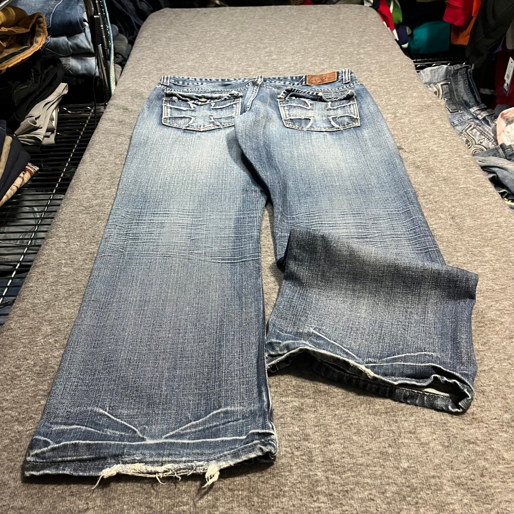 Helix Mens 36x30 Slim Bootcut Jeans Medium Wash Distressed Cross Pockets Y2K
